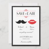 Rote, schwarze und weiße Mustache & Lips Hochzeit Save The Date (Vorderseite)