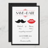 Rote, schwarze und weiße Mustache & Lips Hochzeit Save The Date (Vorne/Hinten)