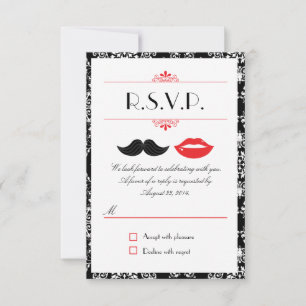 Rote, schwarze und weiße Mustache und Lippen Damas RSVP Karte