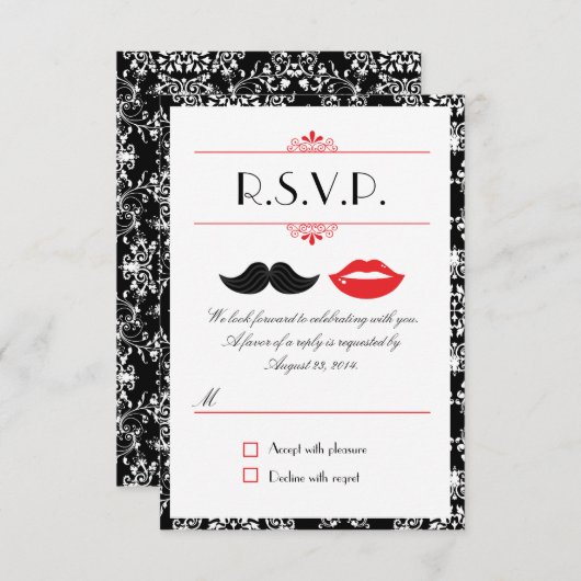 Rote, schwarze und weiße Schleifen & Lippen Damask RSVP Karte (Vorne/Hinten)