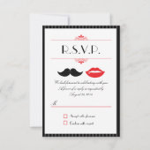 Rote, schwarze und weiße Schleifen & Lips Hochzeit RSVP Karte (Vorderseite)