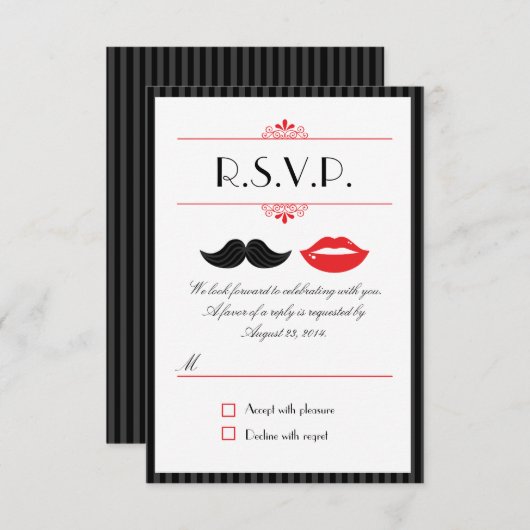 Rote, schwarze und weiße Schleifen & Lips Hochzeit RSVP Karte (Vorne/Hinten)