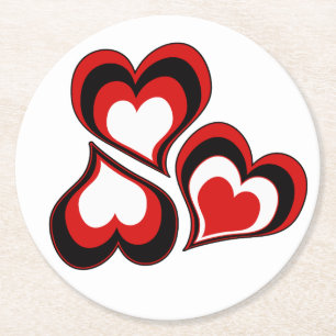 Rote, schwarze, weiße Herzen, Valentinstag . Runder Pappuntersetzer