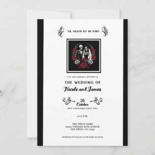 Rote & schwarze weiße Rosen Skelett-Paar-Hochzeit Einladung