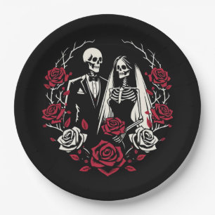 Rote & schwarze weiße Rosen Skelett Paar Hochzeit Pappteller