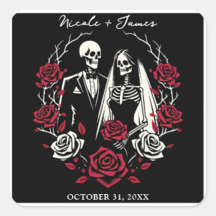 Rote & schwarze weiße Rosen Skelett Paar Hochzeit Quadratischer Aufkleber