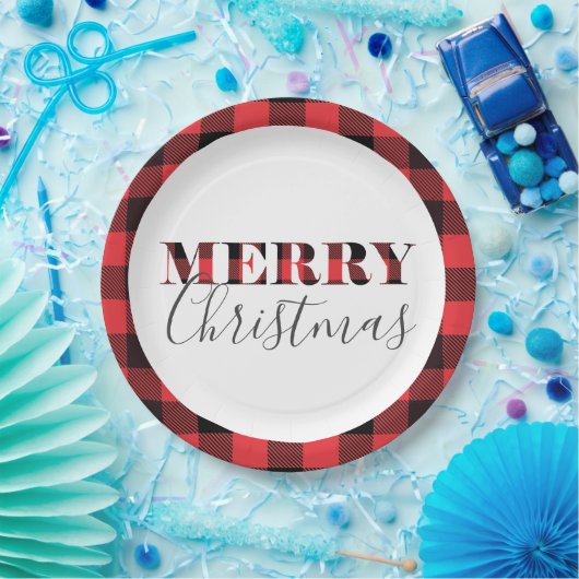 Rote schwarzer Büffel-karierte frohe Weihnachten Pappteller (Party)