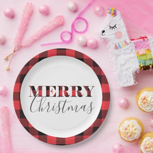 Rote schwarzer Büffel-karierte frohe Weihnachten Pappteller (Party)