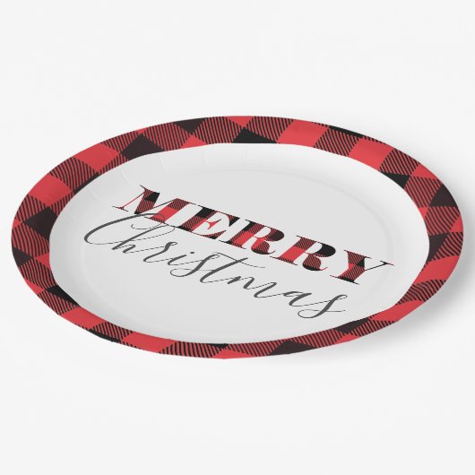 Rote schwarzer Büffel-karierte frohe Weihnachten Pappteller (Schrägansicht)