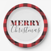 Rote schwarzer Büffel-karierte frohe Weihnachten Pappteller (Vorderseite)