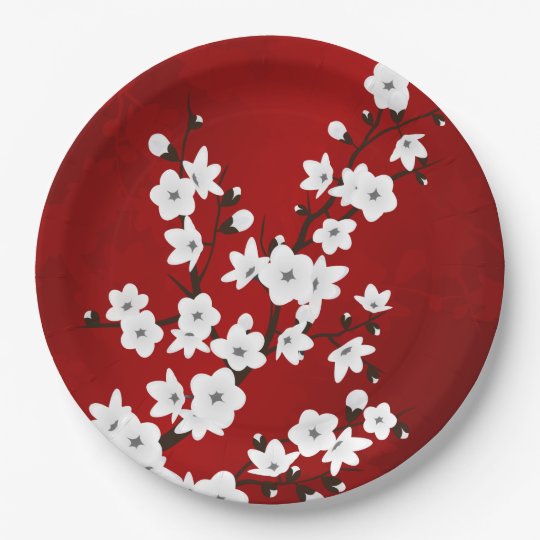 Rote Schwarzweiss-Kirschblüten Pappteller