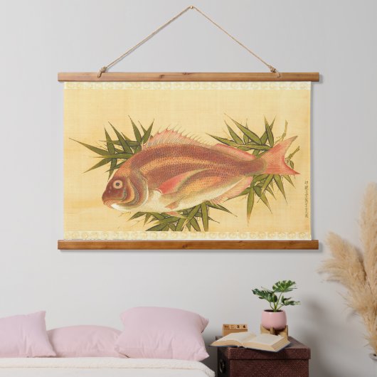 Rote See Bream (Tai) auf Bamboo-Blätter Tapestry Wandteppich Mit Holzrahmen (Schlafzimmer)