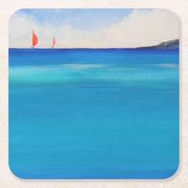 Rote Segel auf blauem Wasser, Aquarellmalerei Rechteckiger Pappuntersetzer