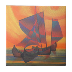 Rote Segel im sunset-kubistischen Junk-Abstrakte Fliese
