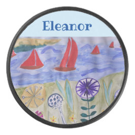 Rote Segel und Blume Eishockey Puck