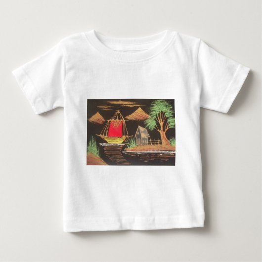 Rote Segelboote Landschaft Ölgemälde Kunst drucken Baby T-shirt (Vorderseite)
