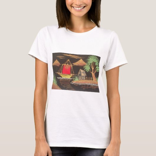 Rote Segelboote Landschaft Ölgemälde Kunst drucken T-Shirt (Vorderseite)