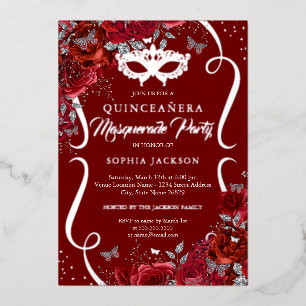 Rote Silber Blumenrolle Maskenball Quinceanera Folieneinladung