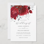 Rote Silber Blumenrose Hochzeit   Einladung (Vorderseite)