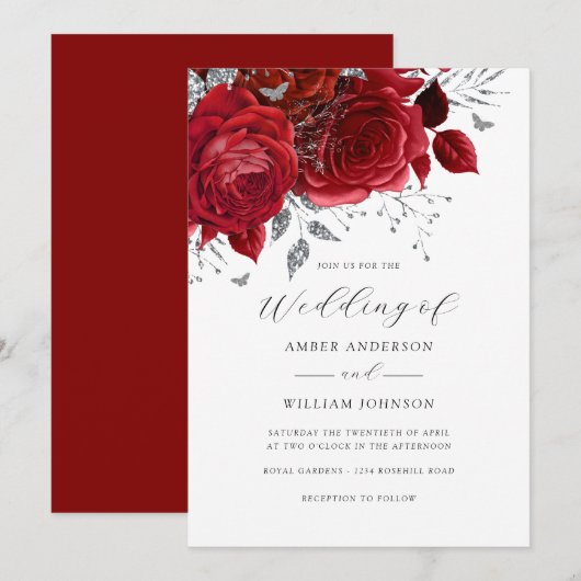 Rote Silber Blumenrose Hochzeit   Einladung (Vorne/Hinten)