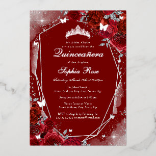Rote Silber Schmetterling Floral Quinceanera Folieneinladung