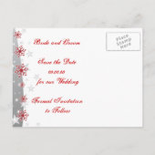 Rote, silbergraue Schneeflocke Hochzeit Save the D Ankündigungspostkarte (Rückseite)