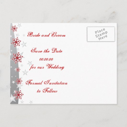 Rote, silbergraue Schneeflocke Hochzeit Save the D Ankündigungspostkarte (Rückseite)