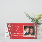 Rote, silbergraue Schneeflocke Hochzeit Save the D Save The Date (Stehend Vorderseite)