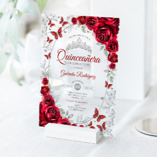 Rote silberne Floral Quinceanera Acryleinladungen