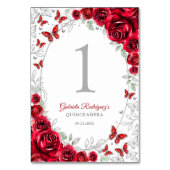 Rote silberne Floral Quinceanera Tischnummer (Rückseite)