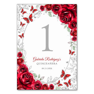 Rote silberne Floral Quinceanera Tischnummer
