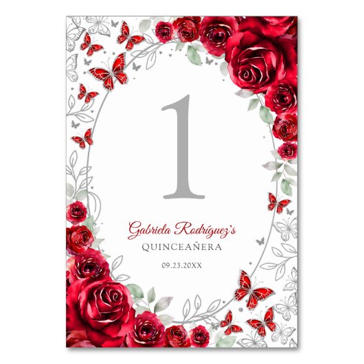 Rote silberne Floral Quinceanera Tischnummer (Vorderseite)
