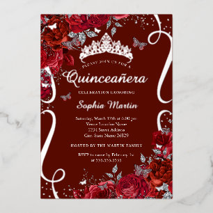 Rote silberne florale Butterfly elegante Quinceane Folieneinladung