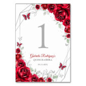 Rote silberne florale Quinceanera Tischnummer (Rückseite)