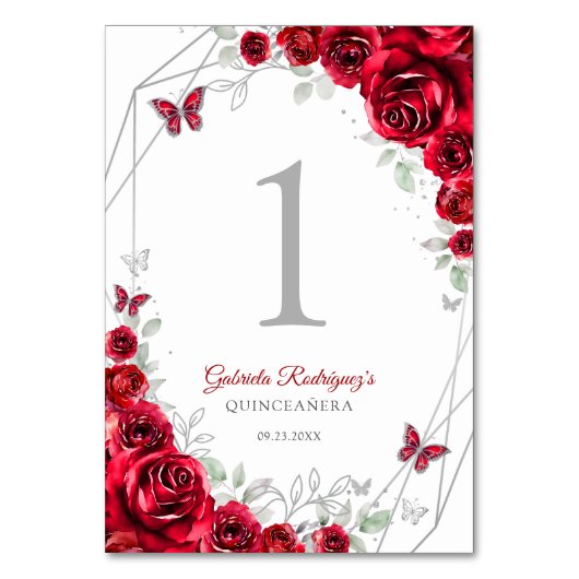Rote silberne florale Quinceanera Tischnummer (Vorderseite)