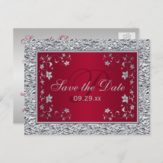 Rote, silberne IMITATE FOIL-Save the Date-Karte Ankündigungspostkarte (Vorne/Hinten)