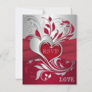 Rote, silberne Schriftrollen, Hearts RSVP Karte