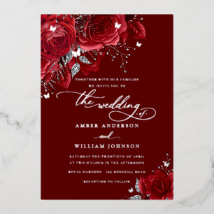 Rote Silberrose Funkelnde Schmetterling Hochzeit  Folieneinladung