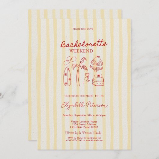 Rote Sketch Bachelorette Wochenende Gelbe Streifen Einladung (Vorne/Hinten)
