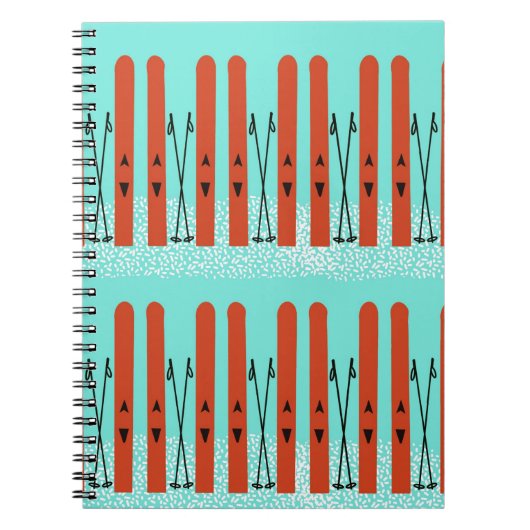 Rote Skier auf blauem Notebook Notizblock (Vorderseite)