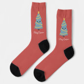 Rote Socken mit Kawaii-Weihnachtsbaum (Linkes Detail)