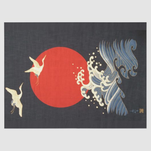 ROTE SONNE, JAPANISCHE FLIEGENDE KRÄNE, MEERWELLEN SEIDENPAPIER (Vorderseite)