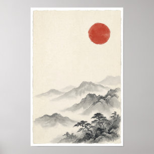 Rote Sonne über Poster der nebligen Berge Japani