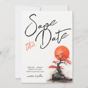 Rote Sonne und alte Sakura Hochzeit  Termin vormer Save The Date
