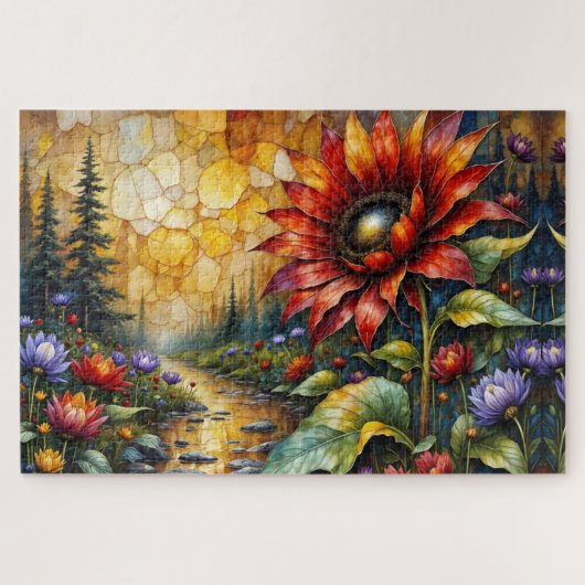 Rote Sonnenblume im Tal am Bach Puzzle (Horizontal)