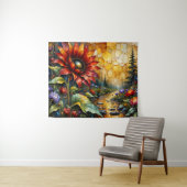 Rote Sonnenblume im Tal am Bach Wandteppich (Beispiel (Horizontal))