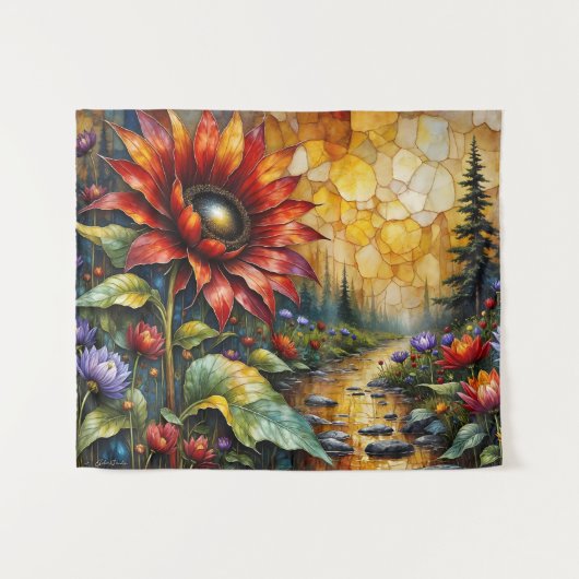 Rote Sonnenblume im Tal am Bach Wandteppich (Vorderseite (Horizontal))