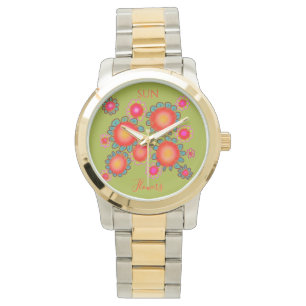 Rote Sonnenblumen Grüne Grafik Armbanduhr