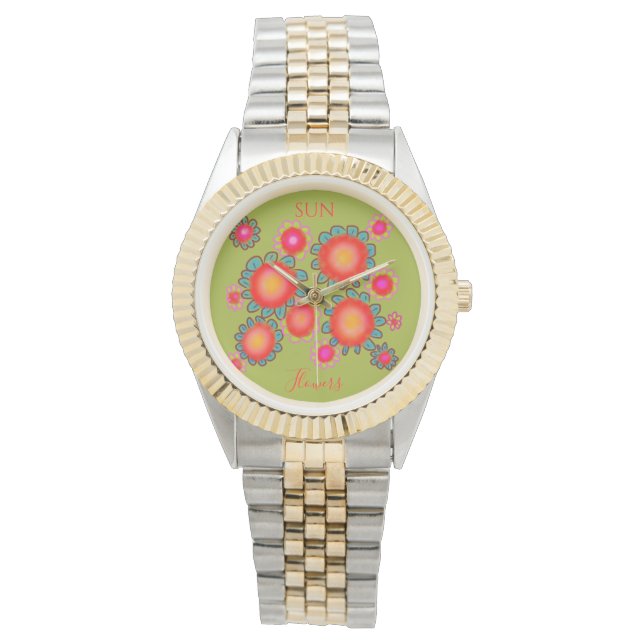 Rote Sonnenblumen Grüne Grafik  Armbanduhr (Vorderseite)
