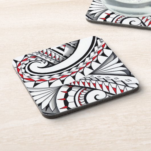 Rote Stammes- polynesische Muster mit Schattierung Untersetzer (Linke Seite)
